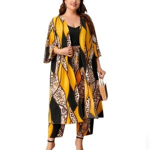 Plus Leopard Print Colorblock Coat & Pants Set